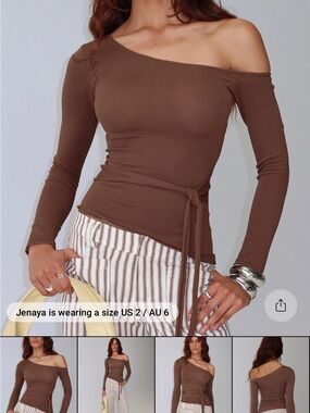 Princess Polly One-Shoulder Brown Wrap Long-Sleeve Top